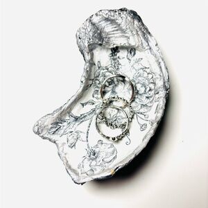 Handmade shell ring dish with black and white floral decoupage design